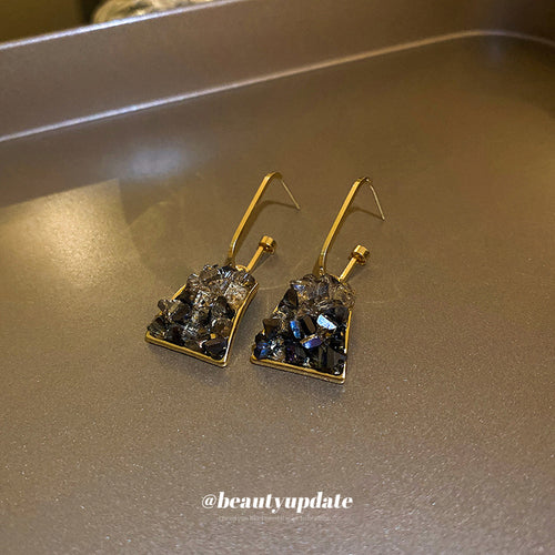 Smoky Crystal Trapezoid Gold Tone Statement Hook Earrings shown in ear-worn front view