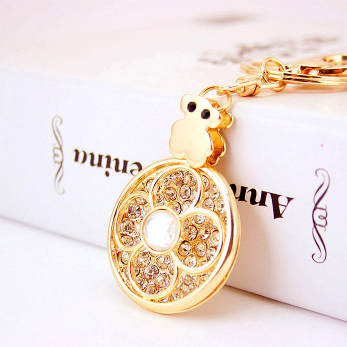 Rhinestone Bear with Flower Zinc Alloy Keychain for Car Keys and Bags