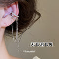 Double Chain Crystal Silver Tone Single Dangle Ear Cuff view 1