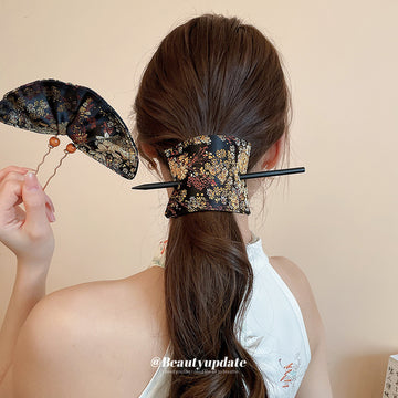 Dark Floral Brocade Square Hair Wrap And Straight Hair Stick