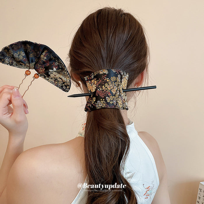 Dark Floral Brocade Square Hair Wrap And Straight Hair Stick