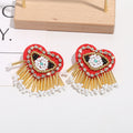Red Heart Beaded Rhinestone Fringe Stud Earrings With Gold Tassels view 4