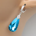 Silver Blue Teardrop Dangle Hoop Earrings Clear Accents view 2