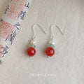 Pearl Green Disc Red Agate Drop Earrings Silver Hook view 3