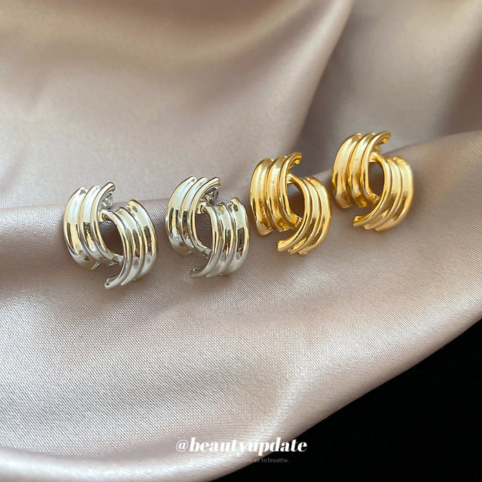 Triple Curve Metal Stud Earrings in Gold and Silver
