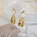 Gold Floral Painted Oval Pearl Look Dangle Stud Earrings view 2