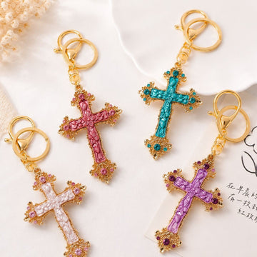 Gold Tone Enamel Floral Cross Keychain With Rhinestones