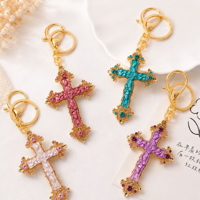 Gold Tone Enamel Floral Cross Keychain With Rhinestones