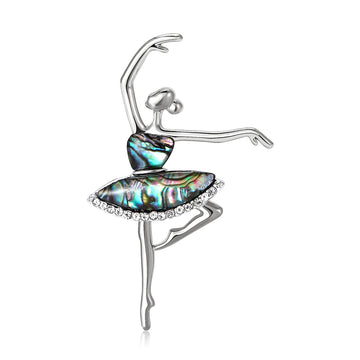 Silver Ballerina Brooch Abalone Shell Tutu Clear Rhinestones