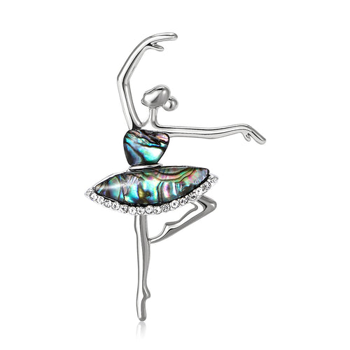 Silver ballerina brooch abalone shell tutu front view