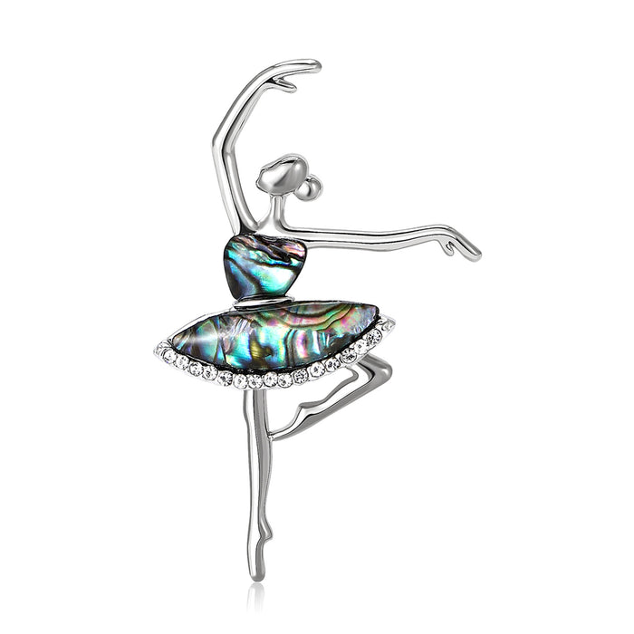 Silver Ballerina Brooch Abalone Shell Tutu Clear Rhinestones