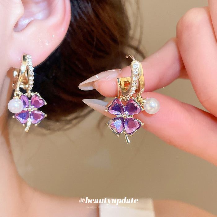 Gold Purple Flower and Pearl Drop Earrings for Everyday Styling