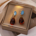 Blue Rectangle and Amber Look Teardrop Dangle Stud Earrings view 4