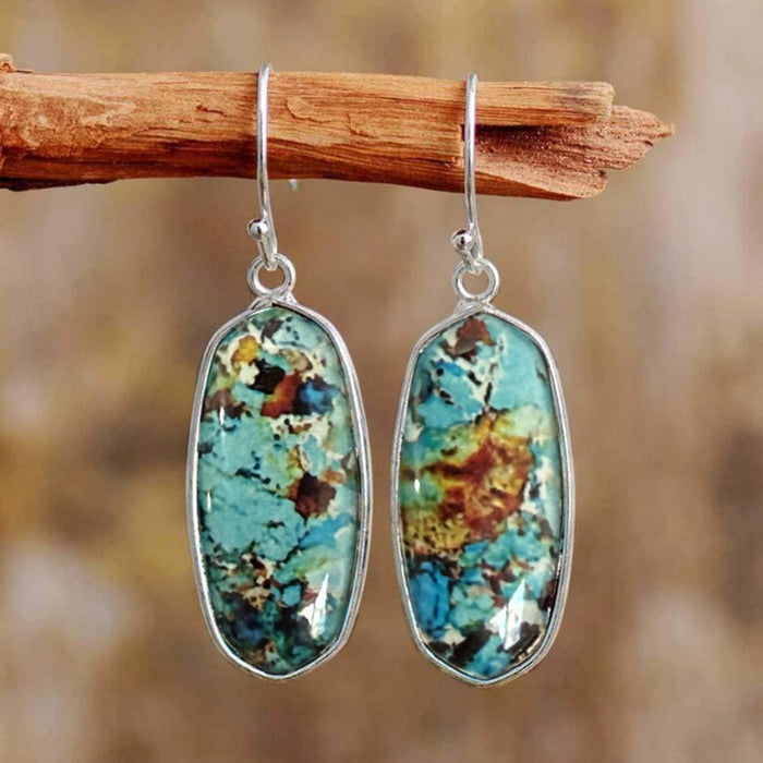 Silver Tone Marbled Turquoise Hexagon Drop Hook Earrings