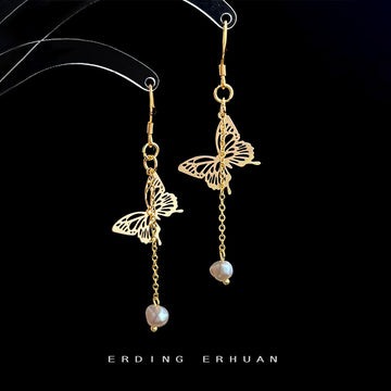 Gold Tone Butterfly Long Chain White Pearl Like Hook Earrings