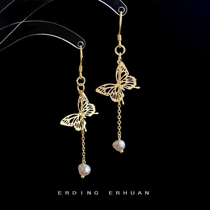 Gold Tone Butterfly Long Chain White Pearl Like Hook Earrings