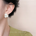 Cream Pearl Enamel Three Petal Flower Stud Earrings view 2