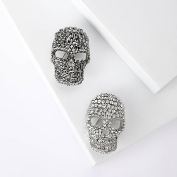 Pave Rhinestone Skull Brooch Pin Silver Black 2 Colors