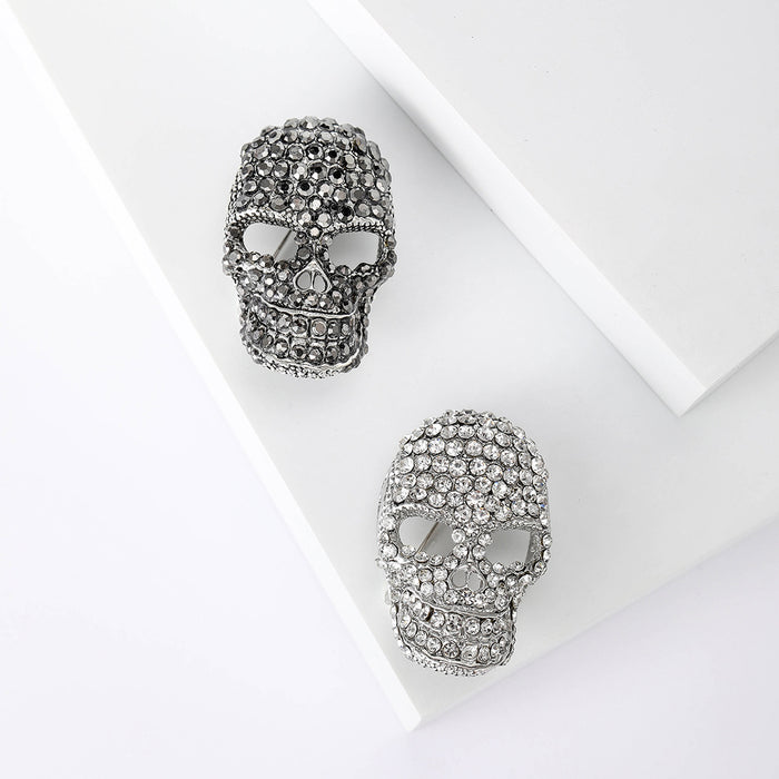 Pave Rhinestone Skull Brooch Pin Silver Black 2 Colors
