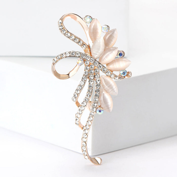 Shell Effect Leaf Cluster Brooch With Crystal Ribbon Loops