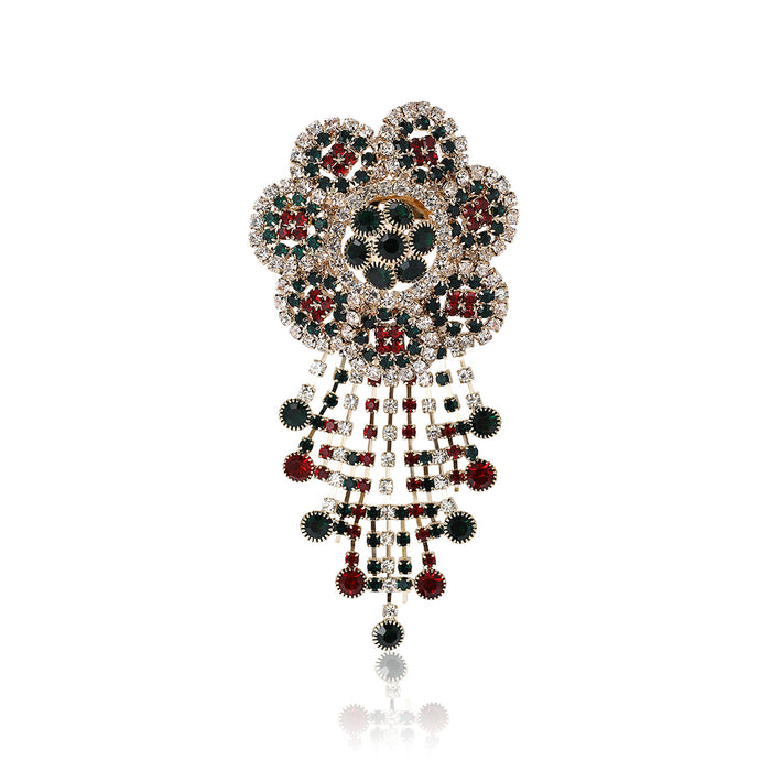Floral Crystal Chandelier Brooch With Red and Green Bead Drops