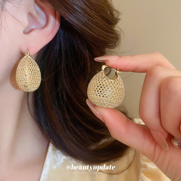 Gold Tone Woven Mesh Oval Hoop Statement Drop Earrings