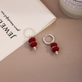 Red Triple Round Bead Silver Tone Small Huggie Earrings view 3