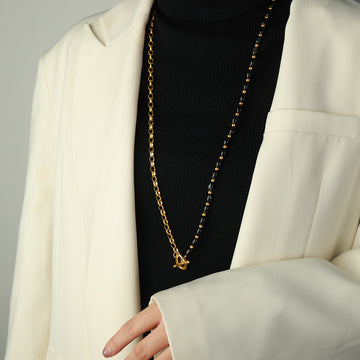 Gold OT Toggle Long Necklace Black Oval Beads Chain