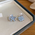 Silver Tone Blue Star And Faux Pearl Stud Earrings view 1