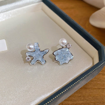 Silver Tone Blue Star And Faux Pearl Stud Earrings