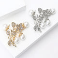 Pearl Flower Branch Brooch Rhinestone Leaves Gold Or Silver view 3