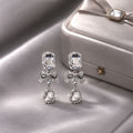 Clear Rectangle Bow and Teardrop Silver Dangle Earrings view 4