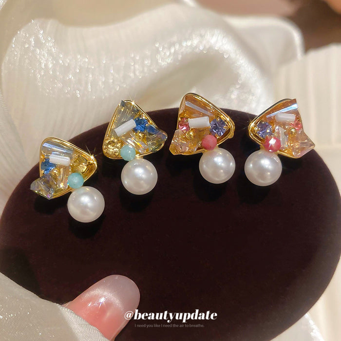 Gold Geometric Crystal Stud Earrings With White Pearl Drops