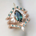 Rose Gold Teal Marquise Crown Stack Ring Set Sizes 6-10 view 1
