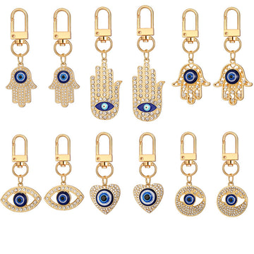 Twelve Piece Gold Tone Crystal Hamsa Heart and Evil Eye Keychain Set