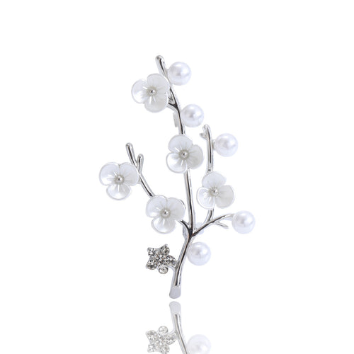 Silver plum blossom pearl branch brooch front with reflection