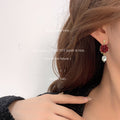 Red Rose Enamel Drop Earrings With White Pearl Dangle view 2