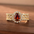 Red Oval Double-Halo Wide Ring In Polished Gold Tone view 5