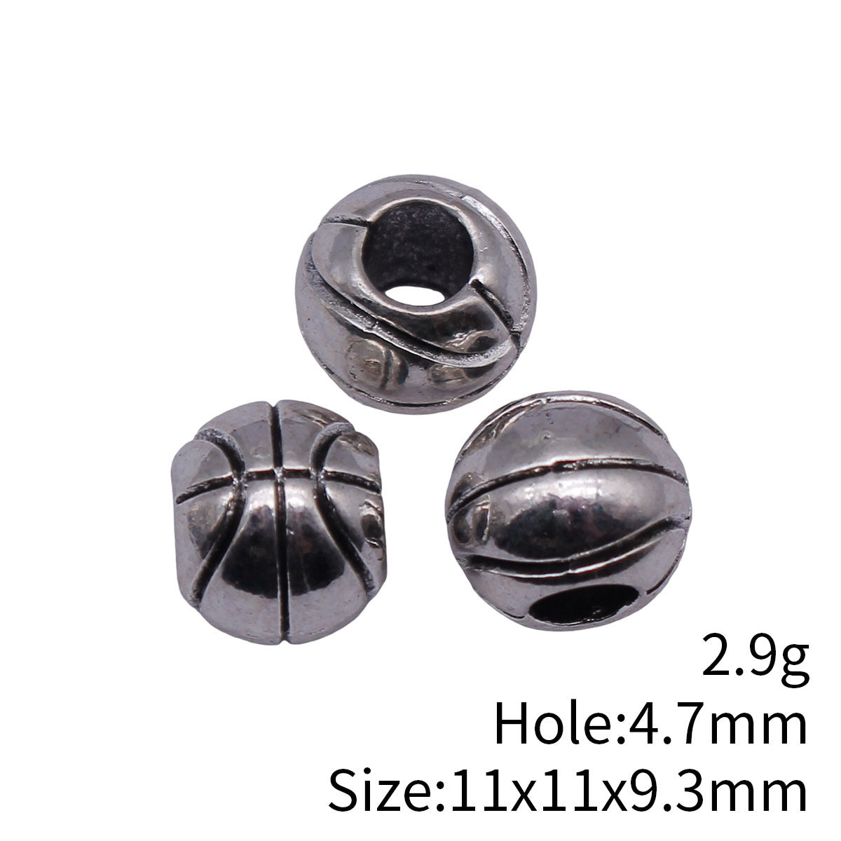 11x11x9.3mm 2.9g Antique Silver Zinc Alloy Basketball Pattern Large Hole Beads for DIY Bracelet Making