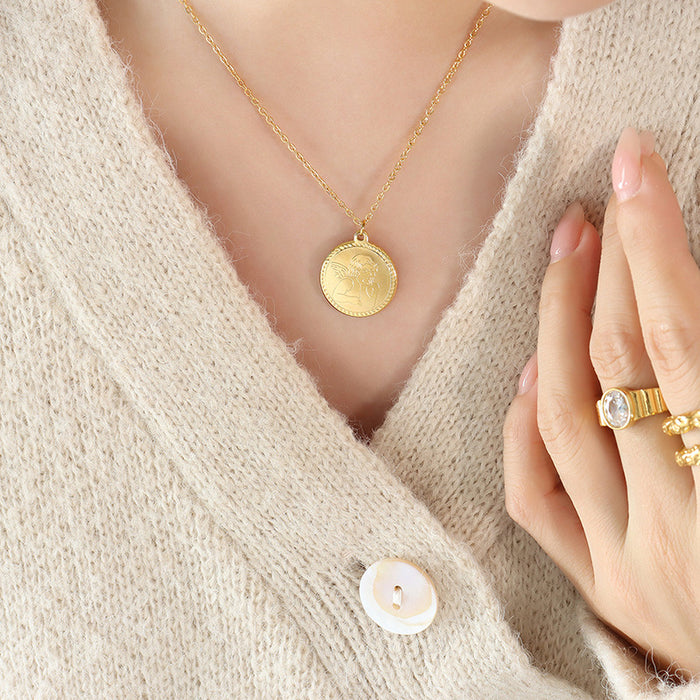 Gold Round Coin Pendant Necklace with Engraved Cherub Angel Motif