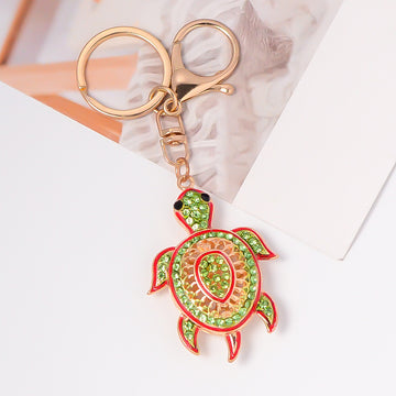 Green Enamel Rhinestone Turtle Keychain Gold Lobster Clasp