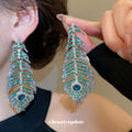 Crystal Feather Drop Earrings in Gold Brown or Blue Green view 4