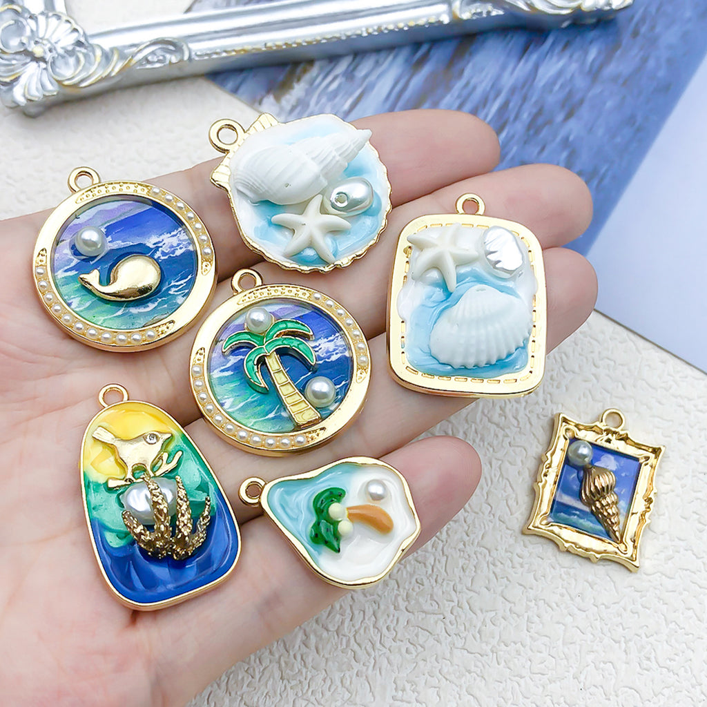 Enamel Zinc Alloy Blue Ocean Cat Eye Crab Jellyfish Charm Pendant for Necklaces Earrings