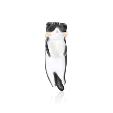 Black and White Stretching Cat Brooch With Pink Ears