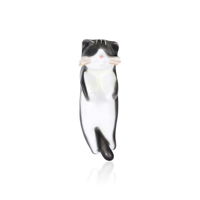 Black and White Stretching Cat Brooch With Pink Ears