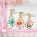Gold Tone Triangle and Quadrilateral Resin Pressed Flower Drop Stud Earrings view 5