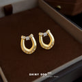 Gold U-Shape Horseshoe Stud Earrings Clear Stone Accents view 4