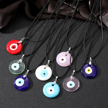 Round Glass Evil Eye Pendant Necklaces on Black Cords