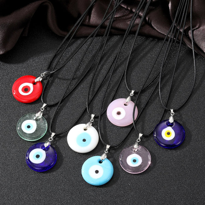 Round Glass Evil Eye Pendant Necklaces on Black Cords