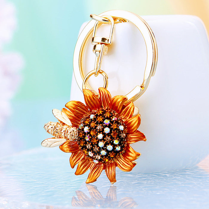 Jeweled Bee Sunflower Keychains in Yellow Orange and Assorted Colors